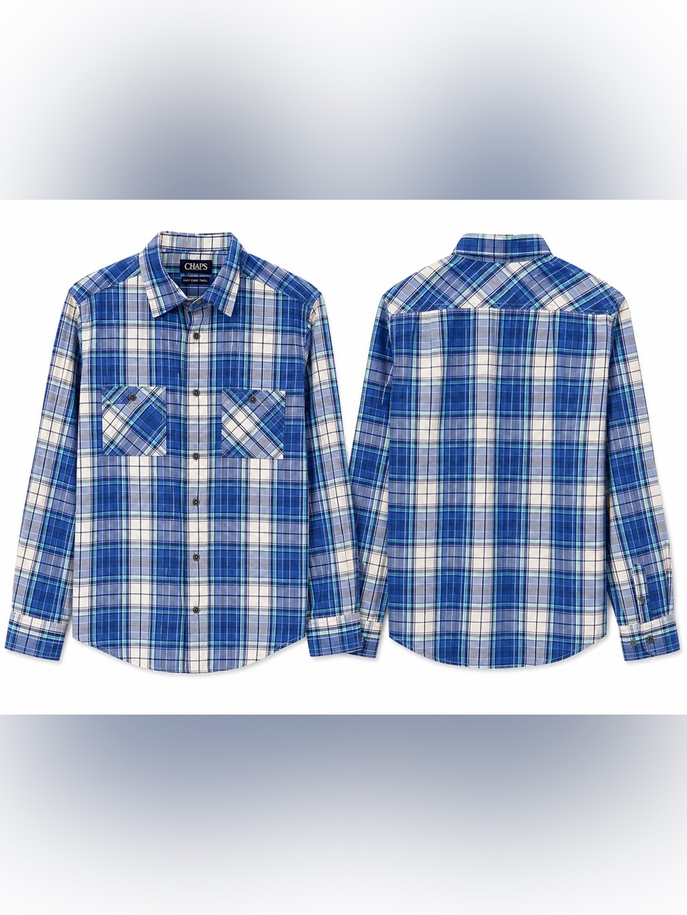 Chaps Blue and‎ White Plaid Long-Sleeve Button-Down Shirt